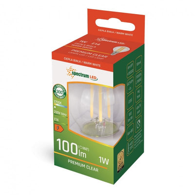 Bombilla LED Spectrum G45 E14 2700K 230V 1W blanco cálido, 100 lúmenes, ángulo de haz de 300°, ahorrador de energía y duradero