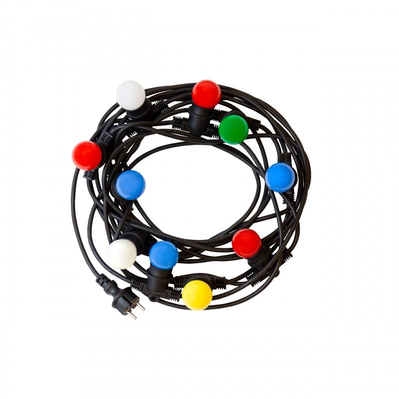 Luces de cadena LED Spectrum 5m, 10xE27, negro, IP44, 250V, interior/exterior, -20/+40°C