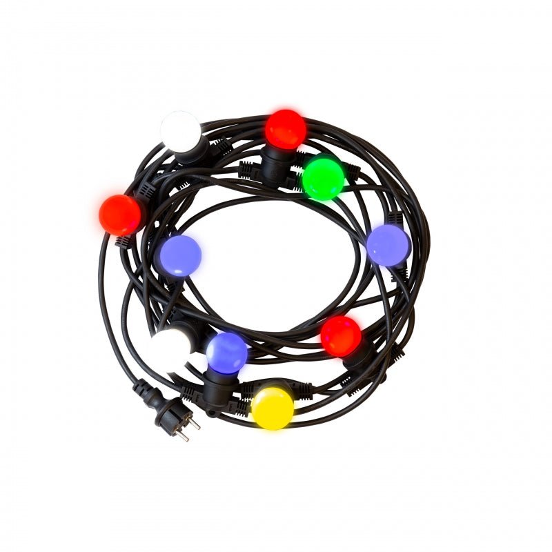 Luces de cadena LED Spectrum 5m, 10xE27, negro, IP44, 250V, interior/exterior, -20/+40°C